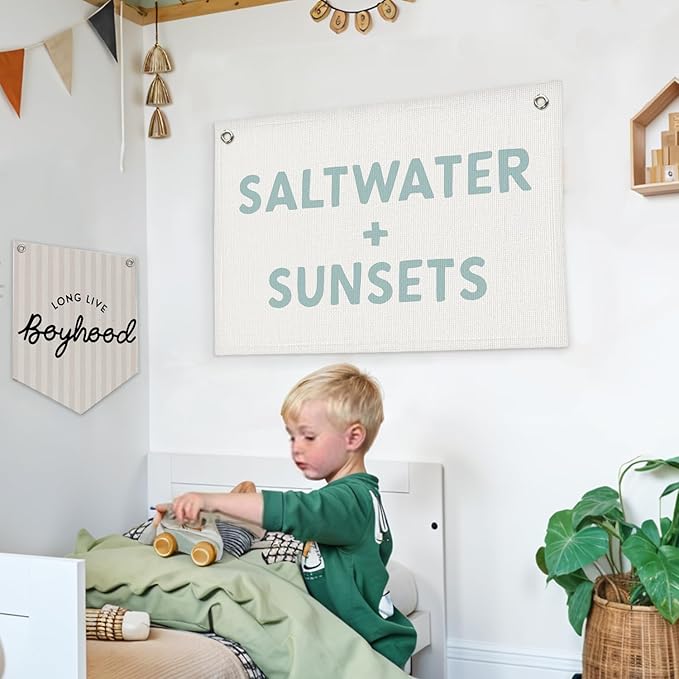 Lacama Beach Theme Wall Decor for Boys Room, Coastal Kids Playroom Nursery Hanging Sign, Saltwater + Sunsets Linen Canvas Banner, Rustic Nautical Surf, 30x20 Inch