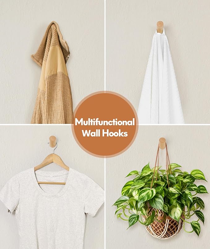Wood Wall Hooks for Hanging, 8 Pack Hat Hook for Walls, Coat Hook Wall Mount, Backpack Hooks for Walls, Bathroom Towel Hanger (Natural)