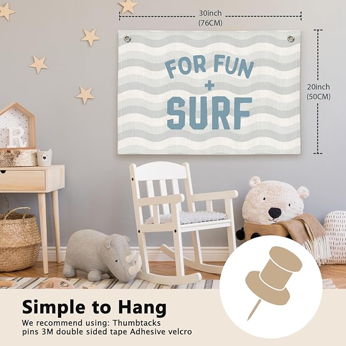 Coastal Beach for Fun Surf Minimalist Waves Kids Room Decor - Linen Banner Wall Hanging Canvas Banner Flag Decor for Kids Toddler Bedroom Nursery Playroom