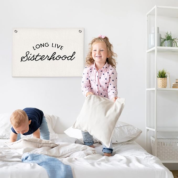 Long Live Sisterhood Minimalist Girls Room Decor - Linen Banner Wall Hanging Canvas Banner Flag Decor for Girly Nursery Toddler Playroom Bedroom Dorm Apartment