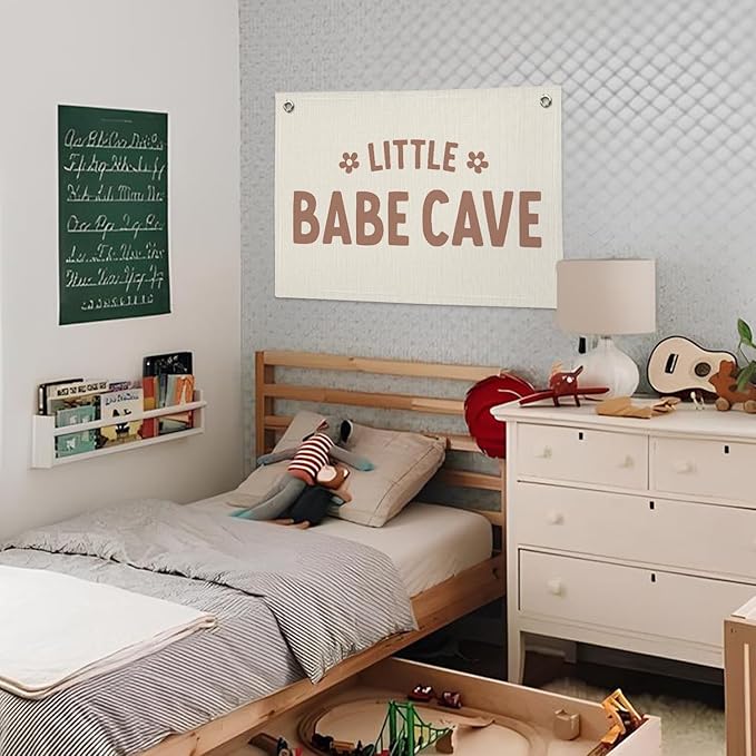 Little Babe Cave Banner, Baby Girl Nursery Decor, Toddler Boy Girl Room Decor, Baby Shower Flower Linen Canvas Banner Wall Hanging Flag 20x30 Inch