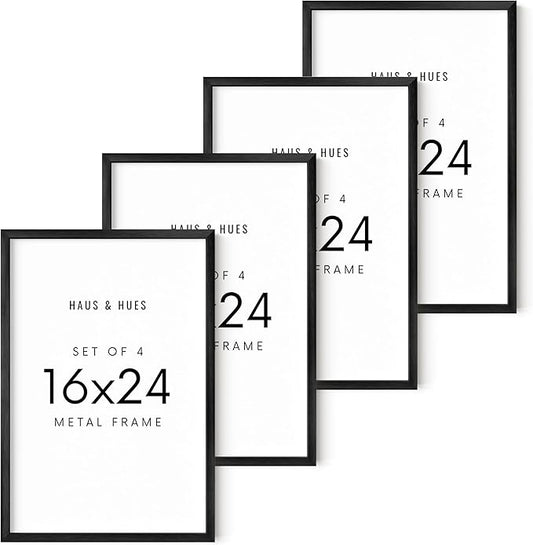 HAUS AND HUES 16x24 Black Metal Picture Frames - Features Premium Aluminum, Vertical & Horizontal Hang, Shatterproof Plexiglass - Ideal for Home, Room, Office (16x24 in, Black, Set of 4)
