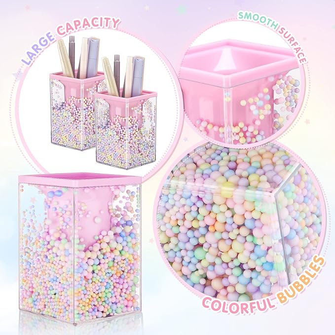 Zonon 2 Pieces Cute Bubble Pen Holder Multi-purpose Desktop Organizer Back to School Gift Kawaii Office Supplies Pastel Desk Accessories Stationery Makeup Brush Holder with Bubble Ball(Pink)