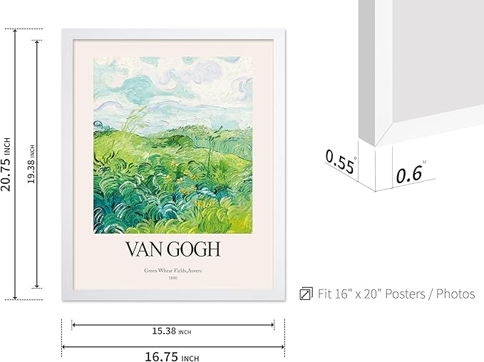 Monem Art Vintage Van Gogh Poster - Retro Impressionist Print - Green Wheat Fields, Auvers, Sky, Leaves, Landscape - Gift for Artist, Friend - Wall Decor for Home, Office, 16x20 White Framed