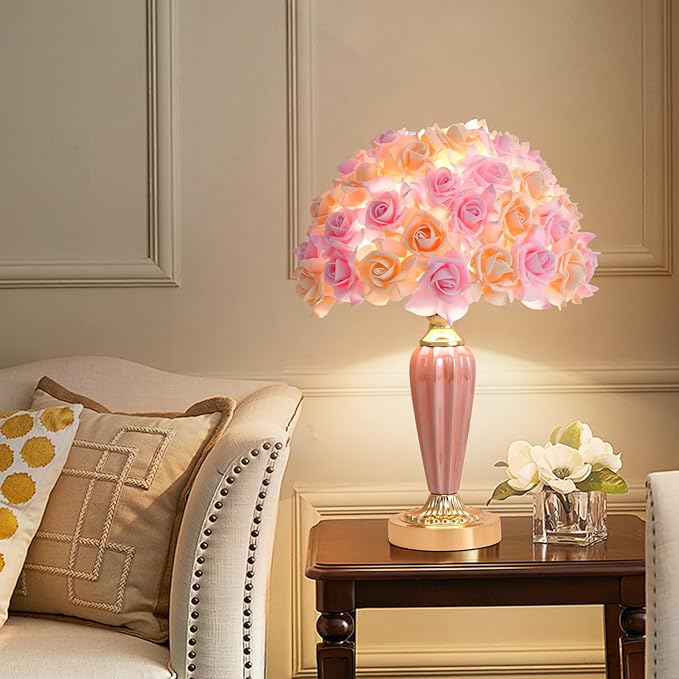Pink Flowers Lamp Beautiful Yellow Flower Bedside Lamp Nordic Nightstand Light Romantic Rose Bouquet Table Lamp for Wedding Girl Bedroom Valentines Dating Living Room Office Christmas