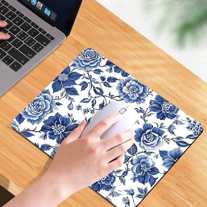 Blue & White Rose Floral Texture Mouse pad, Square Waterproof and Anti Slip Mouse pad for Office laptops