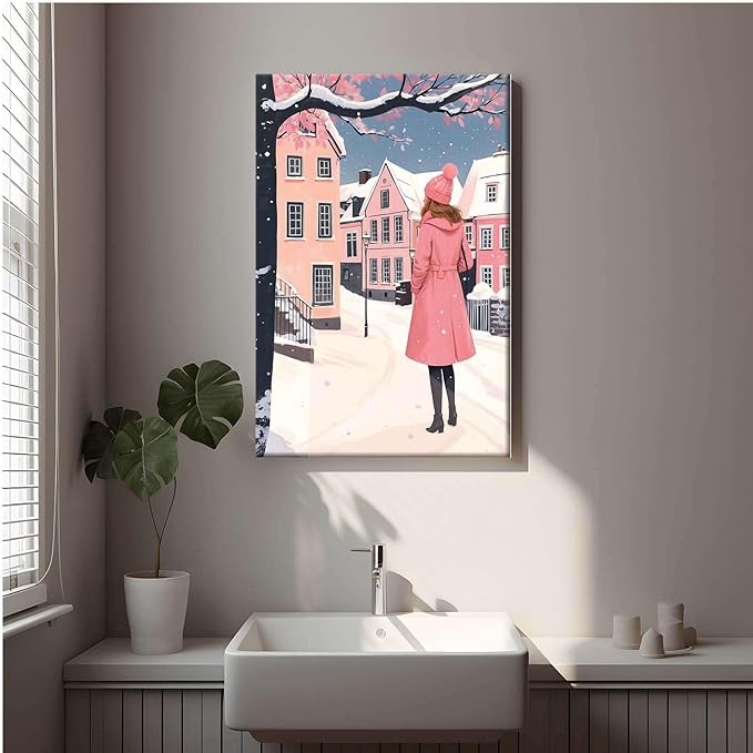 Canvas Wall Art serene winter scene in a quaint village art print Christmas snow cosy winter's day 24x36in-UnFramed