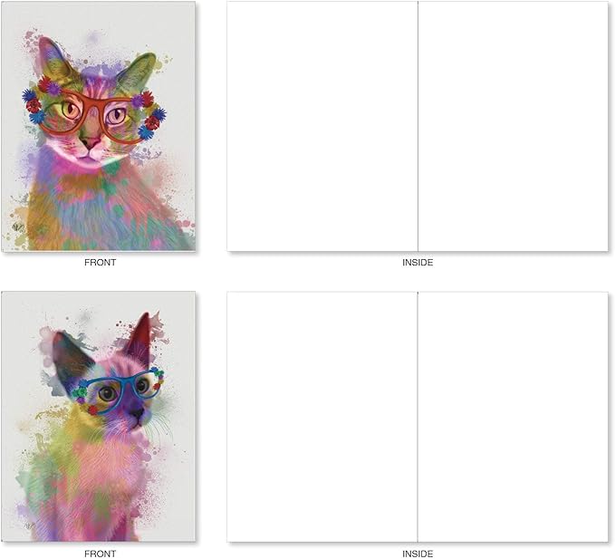 The Best Card Company 20 Assorted Blank Notecards Bulk Box Set 4 x 5.12 Inch with Envelopes (10 Designs, 2 Each) Funky Rainbow Cats AM6199OCB-B2x10
