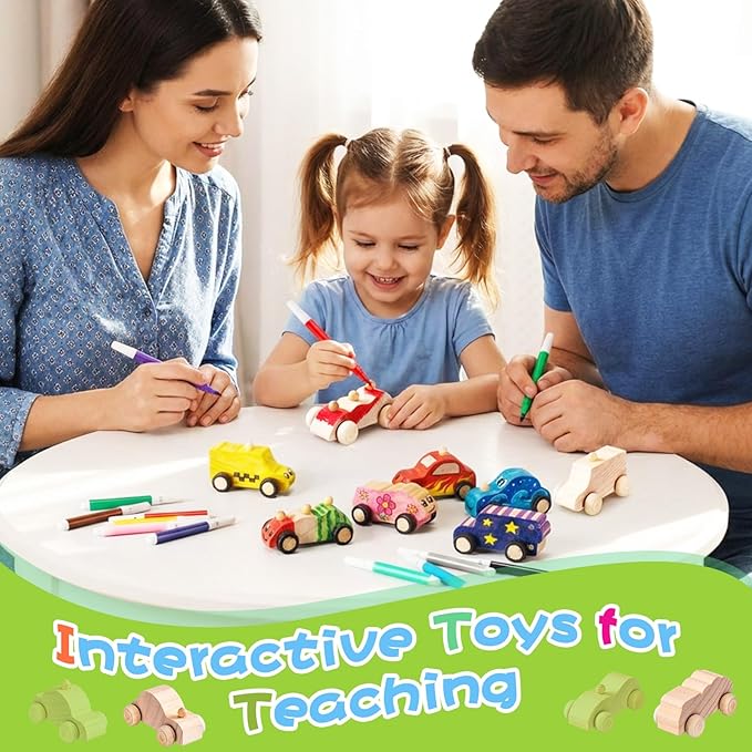 Leyndo 12 Pcs Unfinished Wood Cars to Paint Wooden Painting Crafts, DIY Car Toys with 12 Watercolor Pens & 12 Car Sticker Sheets for Kids Students Home Classroom Woodworking Family Art Activities
