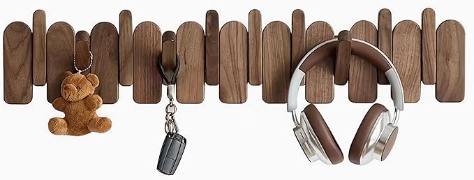 Wall Mounted Coat RackHooks Piano Key Hangers Natural Solid Wood Hanger Non-Woven Fabric Clothes Hangers for Closet, Kitchen, Bedroom, Bathroom, Entryway (Moon-Walnut, 12 Hooks)