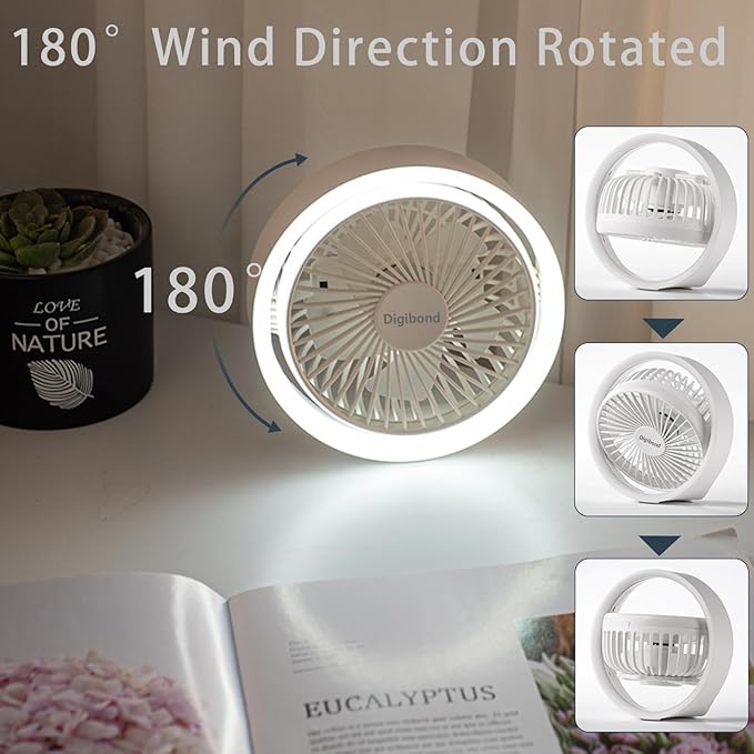 Small Desk Fan, Ultra Quite USB Fan Portable 3000mAh Rechargeable Battery Operate, High Power 3 Speed 5.3in With Ambient Light/Hook 180°Rotated Easy Clean (White)