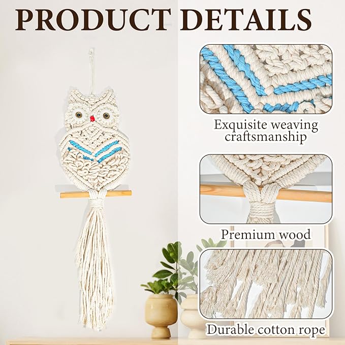 Owl Macrame Wall Hanging Boho Hand Woven Tapestry Decor Animal Owl Macrame Wall Art Home Decor for Living Room Bedroom Office Nursery Apartment
