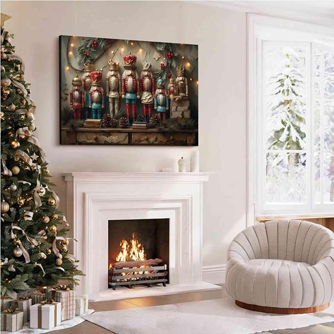 Christmas Nutcracker Vintage Wall Art Print Dark Academia Holiday Poster Winter Christmas Holiday Decor Gold Nutcracker Oil Painting Scene Indoor Decor for Home Offices Living Room Bedroom Dining Room