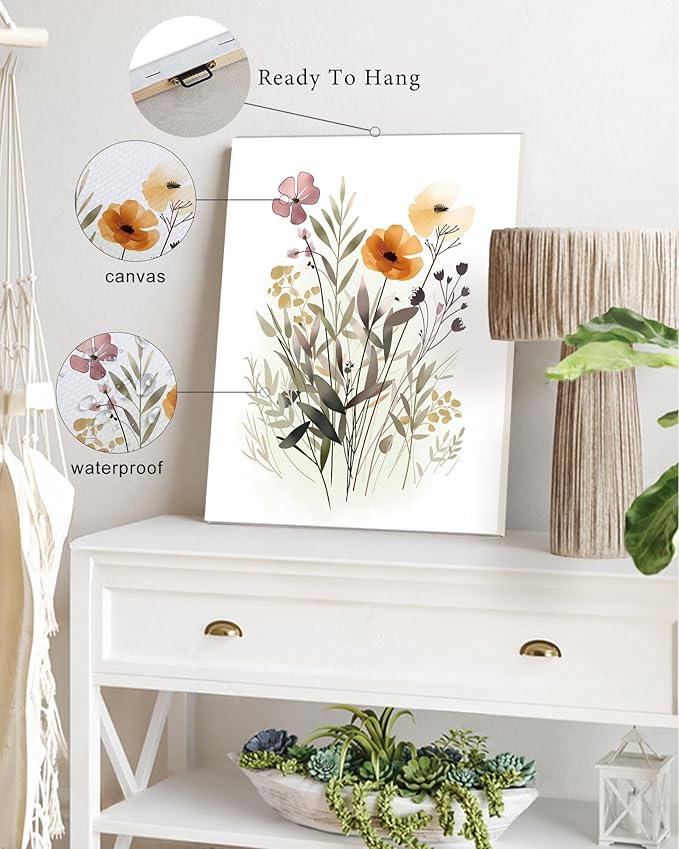 Drsoum Wildflower Bouquet Boho Framed Wall Art Wooded Minimalist Aesthetic Botanical Flower Prints Modern Plants Bathroom Kitchen Home Decor Ready to Hang 8x10inx4pcs (Framed)