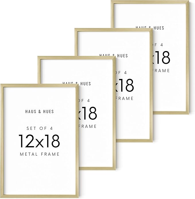 HAUS AND HUES 12x18 Gold Metal Picture Frames - Premium Aluminum with Hanging Hardware, Shatterproof Plexiglass - Perfect for Home or Office (12x18 in, Gold, Set of 4)