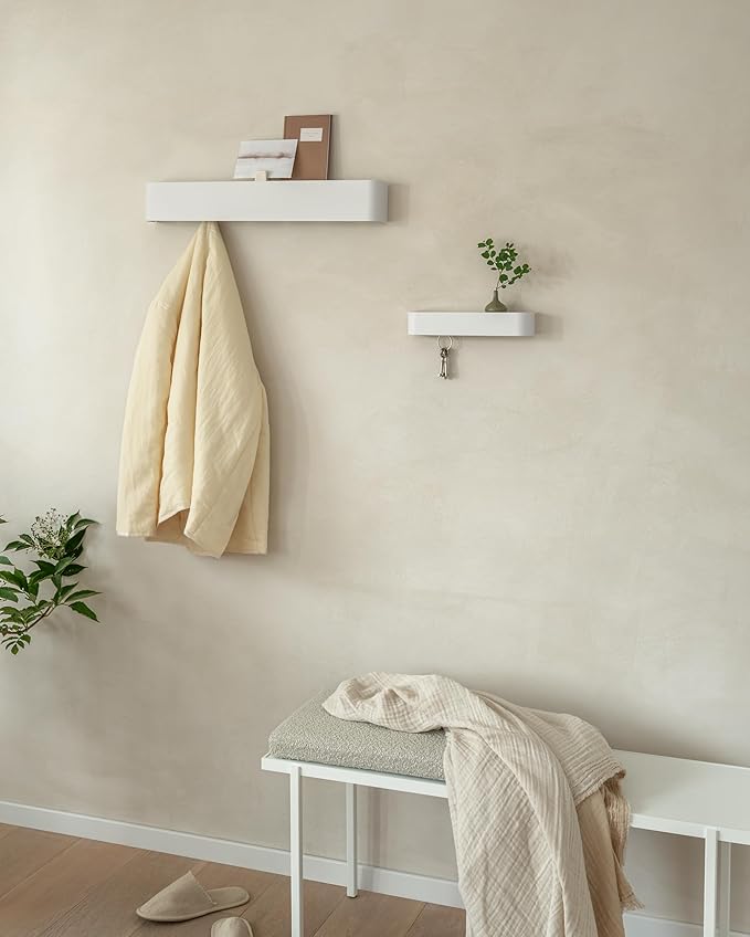 Kazai.®️ Coat Rack Wall Mount with Shelf 'Tone' | Modern Design Coat Hanger with Hidden Hooks and Storage | Hat Rack with Shelf in Metal | Wall-Mounted Purse Organizer | White