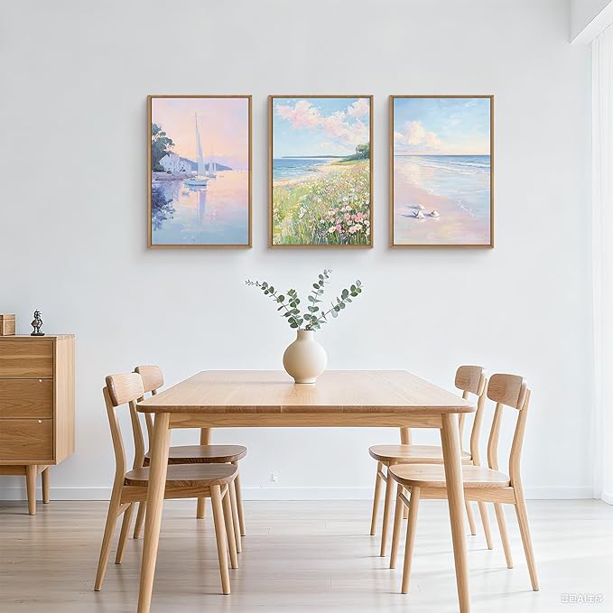 Pink Pastel Coastal Colorful Wildflower Framed Canvas Wall Art Set,Watercolor Preppy Floral & Sailboat Seascape Decor,Dreamy Textured Beach Artwork for Living Room,Bedroom,Farmhouse- 24"x36"x3