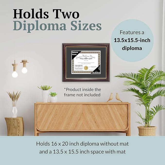 Creative Picture Frames 13.5x15.5 Mahogany Gold Rim Diploma Frame with Black Mat Glass and Installed Wall Hangers | Frame Holds 16x20 Media without Mat
