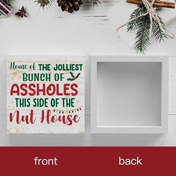 National Lampoon's Christmas Vacation Decor Home of the Jolliest Wood Box Sign, Farmhouse Christmas Santa Artwork Decor, Wood Square Sign Desk Block Signs Home Shelf Office Decoration 5 x 5 Inches