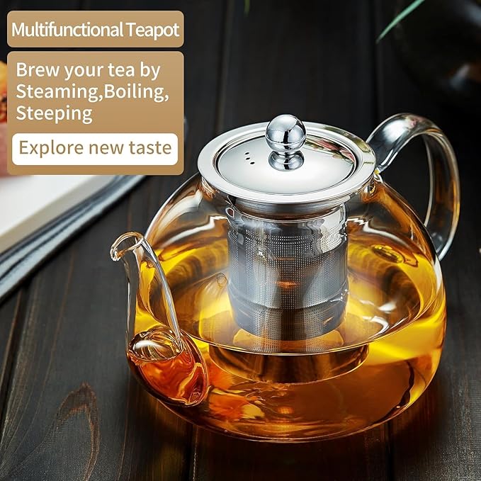 24 Pack 40OZ (1200ML) Glass Teapot with Infuser Stovetop Safe, Clear Glass Tea Pot Kettle, Borosilicate Tea Pot with Infusers Filter for Loose Tea, Tea Kettle Dishwasher Safe
