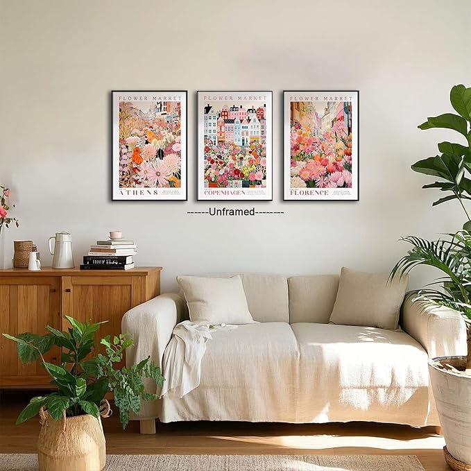 XLARTMY Flower Market Wall Art Print Canvas Pink Floral Painting Colorful Botanical Sunflower Artwork Travel Posters for Home Decor Pictures Set of 3 for Living Room Bedroom 16x24in Unframed