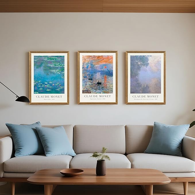 SYWENNOI 3 Pieces Wood Frames Vintage Canvas Wall Art, Claude Monet Impressionism Art Wall Decor, Minimalist Classic Botanical Designs Painting Prints for Living Room Bedroom Offices 16x24 Inch