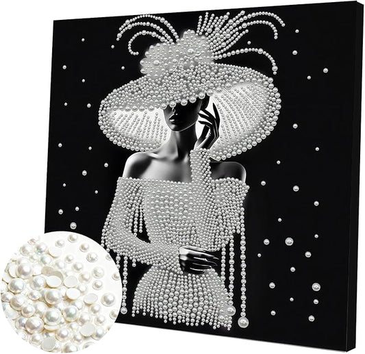DIY Pearl Painting Kit with Wooden Frame, 3D Plastic Pearl Gemstone Ocean Art Craft for Adults Beginners, Diamond Art Kits for Adults, Home Wall Decor Ready Gift for Women(Elegant Lady)(30 * 30cm)