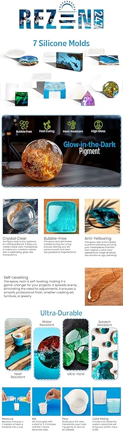 Zen247 Epoxy Resin Kit with Molds - Complete Set - Unique Resin Molds Kit with Crushed Seashells for Ornaments - Glow in The Dark Pigment
