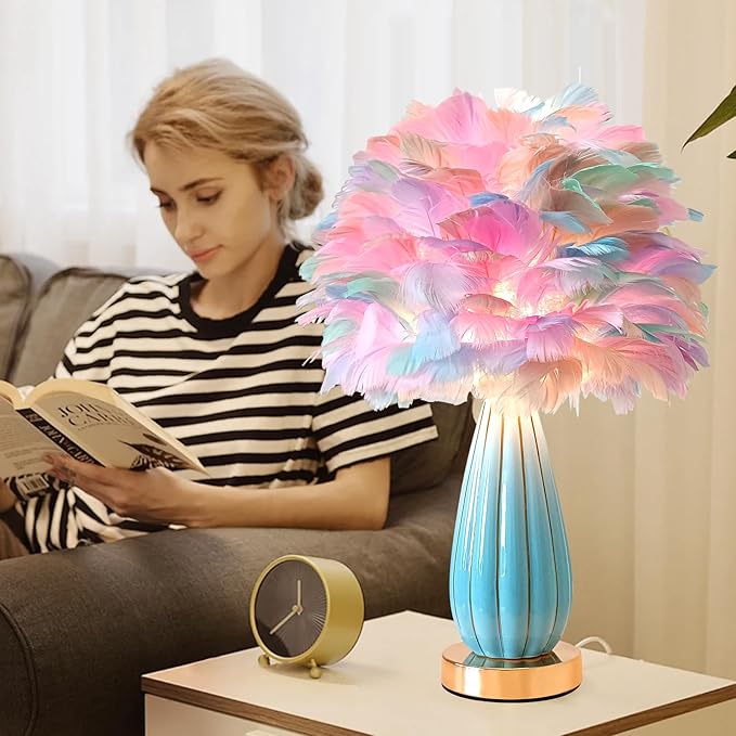 Colorful Feather Lamp Modern Furry Table Lamp Romantic Bedside Lamp Nordic Fluffy Princess Girl Nightstand Light for Bedroom Living Room Entry Office Wedding Decor Christmas Gift Prime