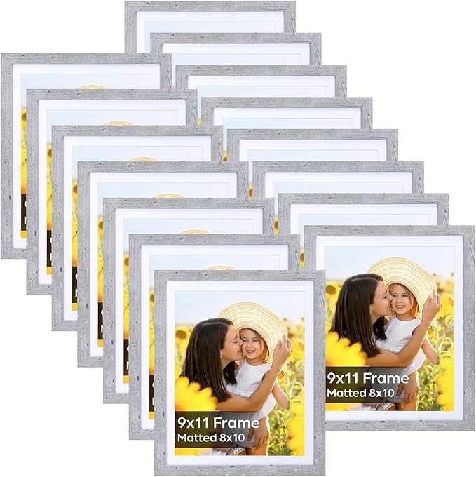 Lyeasw 8x10 Picture Frame Grey Set of 15, Display Pictures 8x10 with Mat or 9x11 without Mat, Multi Photo Frames for Wall or Tabletop