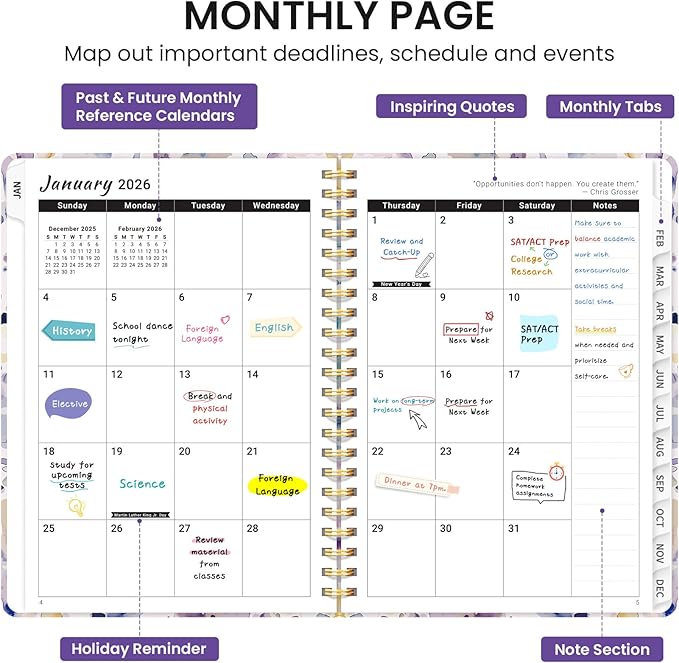 2026 Planner, Weekly and Monthly Calendar Planner for Women, Jan 2026 - Dec 2026, Hardcover Planning Agenda book with Tabs, Spiral Bound, Inner Pocket, Perfect for School Office Supplies, 8.5" x 11" - Purple Blocks