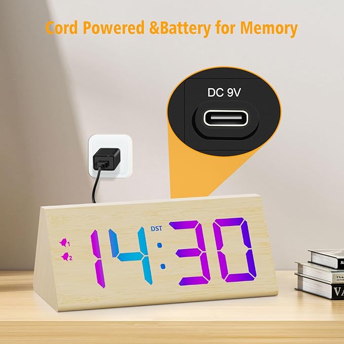 Wooden Digital Alarm Clock with Dual USB Charging Ports, DST, Dimmable, Snooze, RGB Colors, Modern Large Time Display LED Clock for Kids Bedrooms, Living Room, Desk,Table, Bedside,Nightstand (Bamboo)