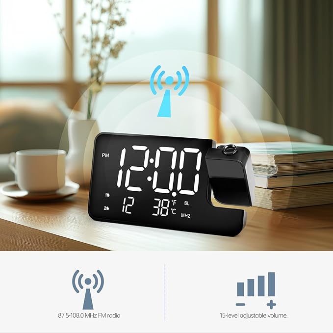 Projection Alarm Clock for Bedroom-Alarm Clock Radio with 180° Rotatable Projector LED Display, Dual Alarm,Dimmer for Kids Elderly,Heavy Sleepers,Snooze,12/24H,DST