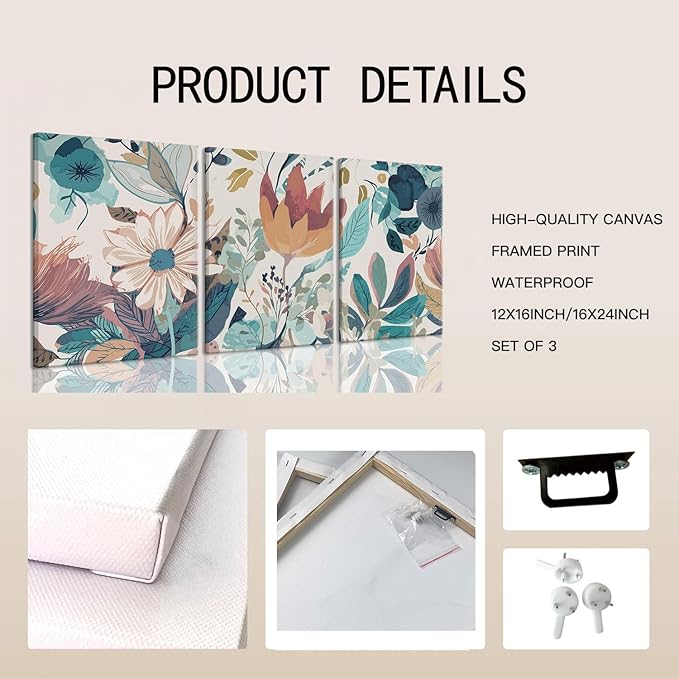 TUEASKY 3 Piece Botanical Canvas Wall Art Neutral Floral Wall Art Modern Minimalist Flower Decor Wildflower Prints for Living Room Bedroom Office 16x24in Framed