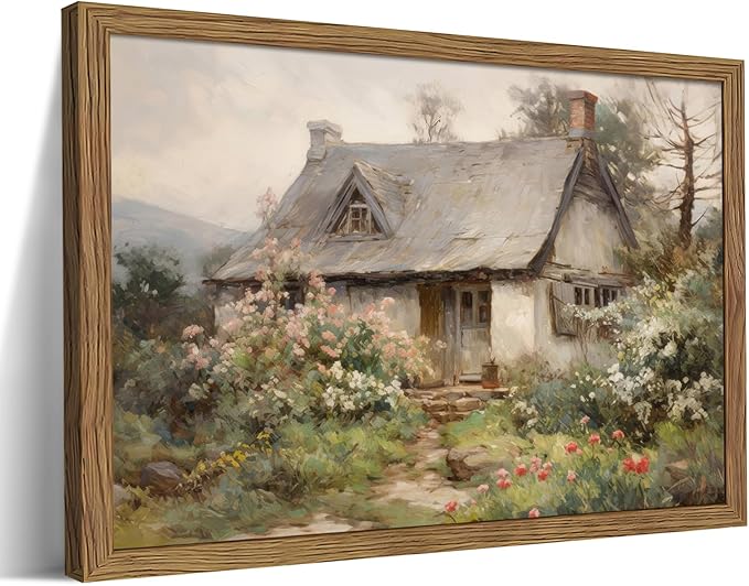 Framed Farmhouse Wall Decor, Country Cottage Pictures Wall Art, Pastoral Nature Landscape Canvas Print, Vintage Farm House Oil Painting Artwork for Bedroom Living Room – 12x16 inch