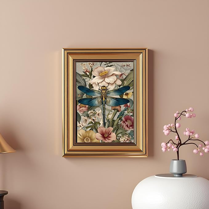 okudolit Gold Framed Dragonfly Canvas Wall Art Print Blue Insect Botanical Floral Painting Vintage Flower Picture Artwork Rustic Retro Nature Decor for Living Room Bedroom Office Home Decor 8x10in