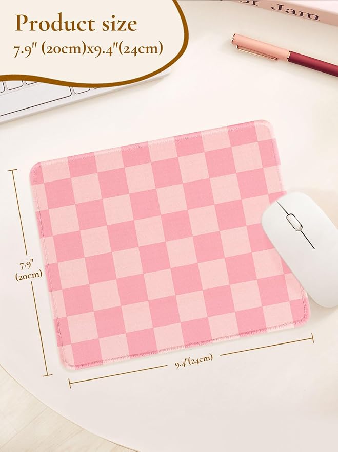 Cute Pink Mouse Pad,Retro Checkered Pattern Mousepad,Square Aesthetic Plaid Waterproof Grid Mouse Mat Design, Non-Slip Rubber Base Computer Funny Boho Small Mouse Pads, Desk Accessories