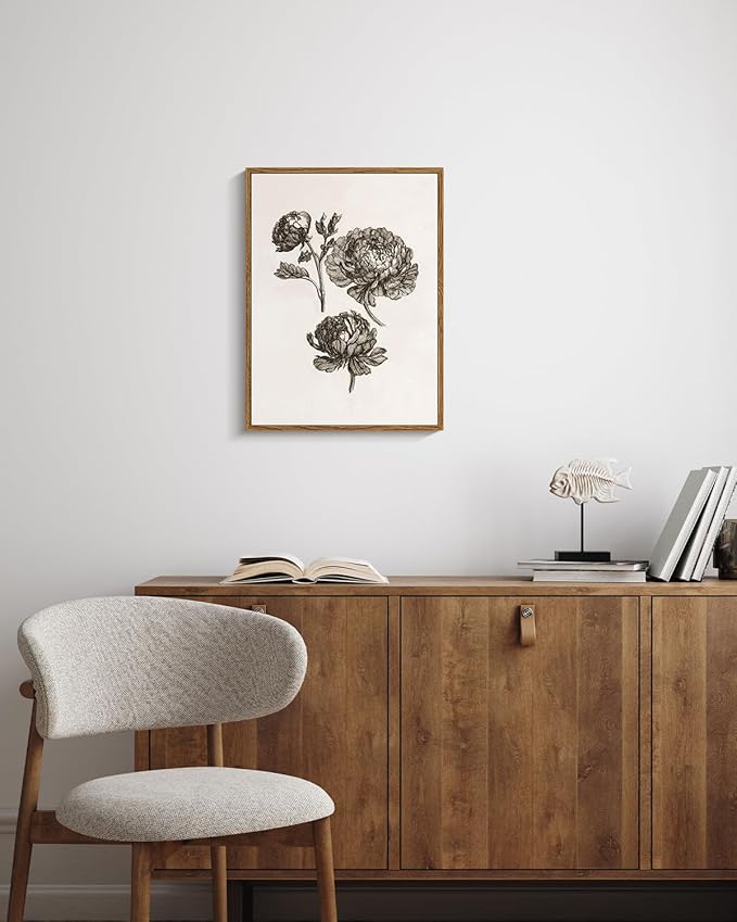 VIYYIEA Vintage Cottagecore Decor Framed Wall Art, Botanical Sketch Wall Art Bedroom Decor, Canvas Print Peony Pictures, Living Room Bedroom Country Decorations, 12x16 inch
