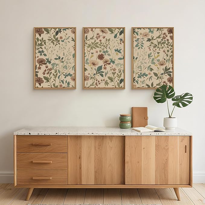 Boho Vibrant Mountain Wildflower Framed Canvas Wall Art Set,Colorful Natural Flower Forest Wall Decor,Modern Pink Floral Botanical Landscape Artwork for Living Room,Office,Farmhouse- 24"x36"x3