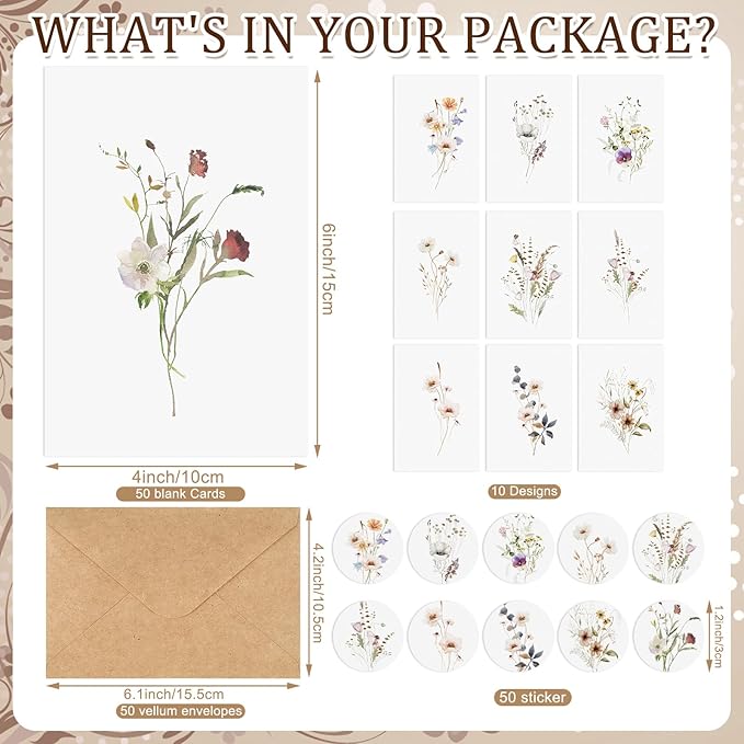 50 Pcs Blank Greeting Cards 4x6, Elegant Floral Design Blank Cards with Envelopes, 10 Designs, Ideal Stationary Set for All Occasions, Stationary with Matching White Envelopes and Stickers