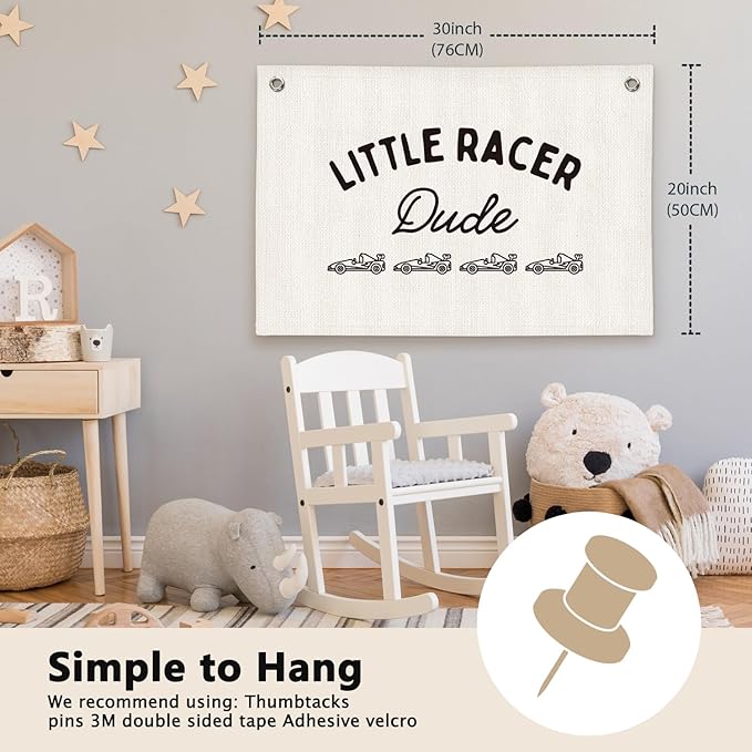 Little Racer Dude Boys Room Decor - Linen Banner Wall Hanging Canvas Banner Flag Decor for Toddler Boy Bedroom Nursery Playroom
