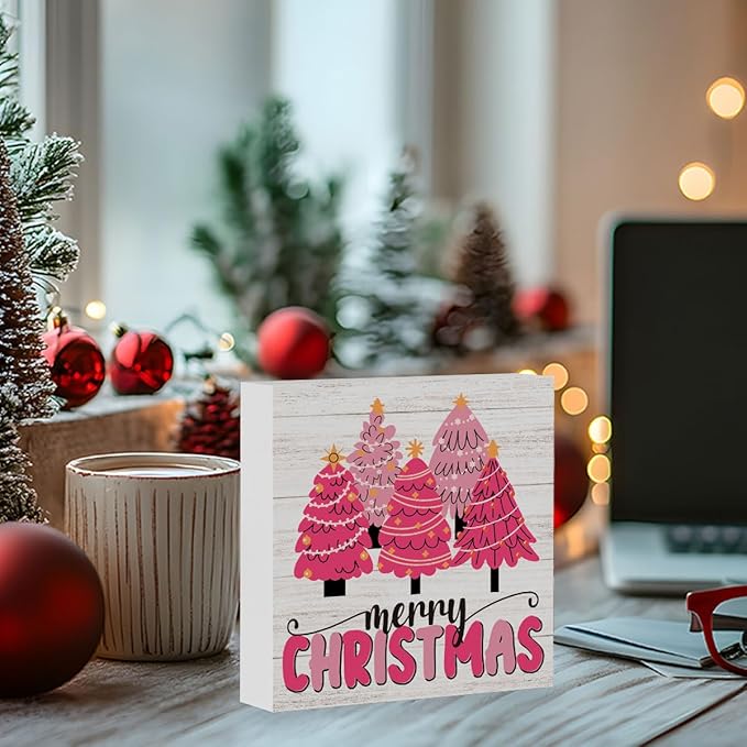 WRSUNT Rustic Pink Merry Christmas Wall House Decor Wood Box Sign, Farmhouse Christmas Santa Artwork Decor, Wood Square Sign Desk Block Signs Home Shelf Office Decoration 5 x 5 Inches