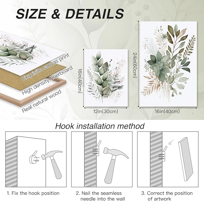 HLXRAE Framed Watercolor Botanical Wall Art Set of 3, Neutral Sage Green Bathroom Wall Decor, Modern Floral Canvas Paintings, Minimalist Farmhouse Poster Prints for Bedroom Living Room 12x16 Inch