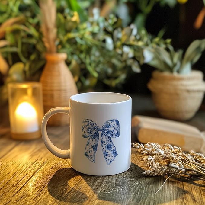 Chinoiserie Bow Coffee Tea Mugs, Coquette Grandmillennial Bows Ceramic Coffee Mug, Vintage Blue Coffee Cup, 11oz Ceramic Cup White