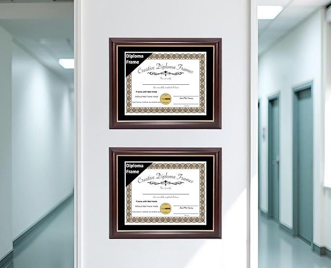 Creative Picture Frames 7.5x9.5 Mahogany Gold Rim Diploma Frame with Black Mat Glass Easel and Installed Wall Hangers | Frame Holds 10x12 Media without Mat