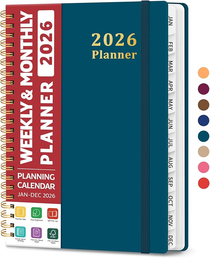 2026 Planner, Weekly and Monthly Calendar Planner for Women, Jan 2026 - Dec 2026, Hardcover Planning Agenda book with Tabs, Spiral Bound, Inner Pocket, Perfect for School Office Supplies, 6.3" x 8.5" - Pine Emerald