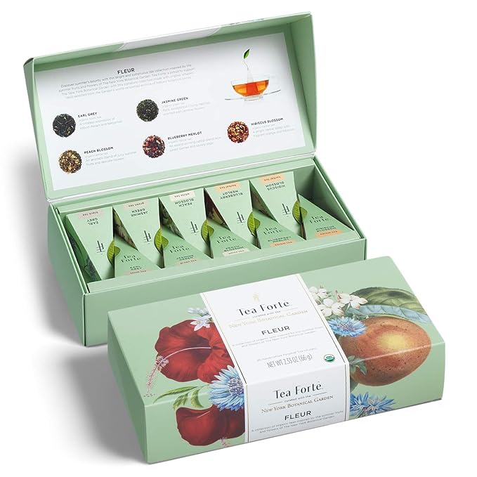 Tea Forte Fleur Petite Presentation Box Tea Gift Set Sampler, 10 Count, 2 of Each Variety Individually Wrapped Handcrafted Pyramid Infuser Bags
