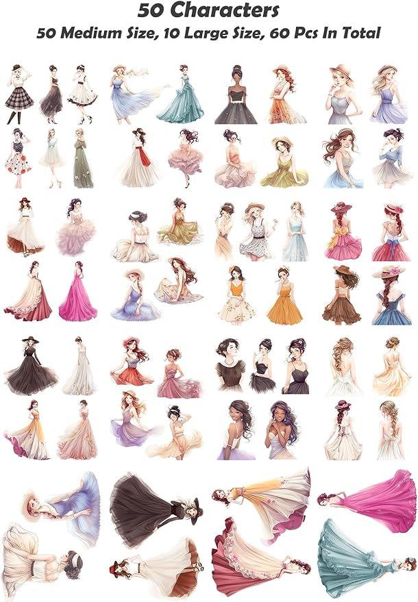 Scrapbook Stickers Set, 60Pcs PET Stickers for Journaling and Scrapbooking, Junk Journal Supplies, Aesthetic Transparent Materials, People Women Ladies Ephemera Planner DIY Arts Craft