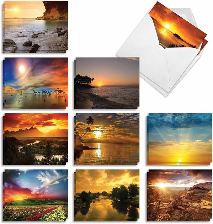 The Best Card Company - 20 Landscape Nature Note Cards Blank (4 x 5.12 Inch) (10 Designs, 2 Each) - Sun Settings AM1740OCB-B2x10