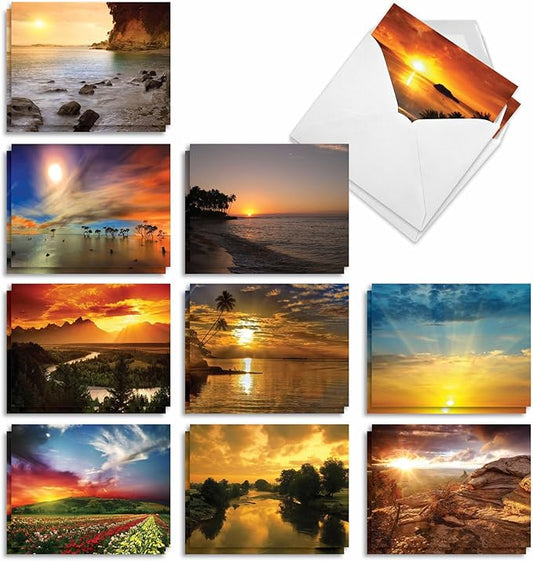 The Best Card Company - 20 Landscape Nature Note Cards Blank (4 x 5.12 Inch) (10 Designs, 2 Each) - Sun Settings AM1740OCB-B2x10